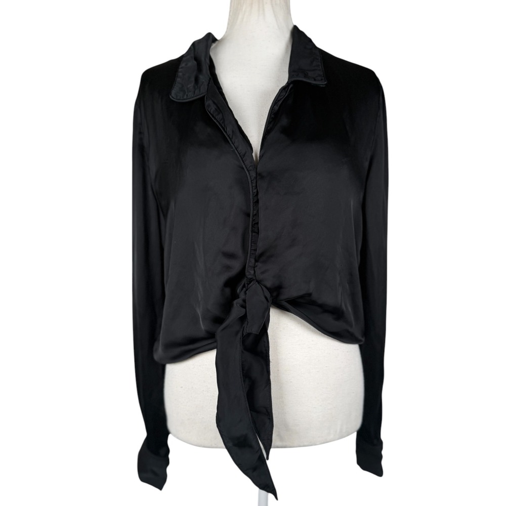 Wilfred Tie Front Blouse Womens M Black Cupro Long Sleeve Cropped Aritzia Top